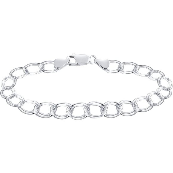 925 Sterling Silver Double Ring Charm Link Bracelet 8-inch for Women - Picture 1 of 5